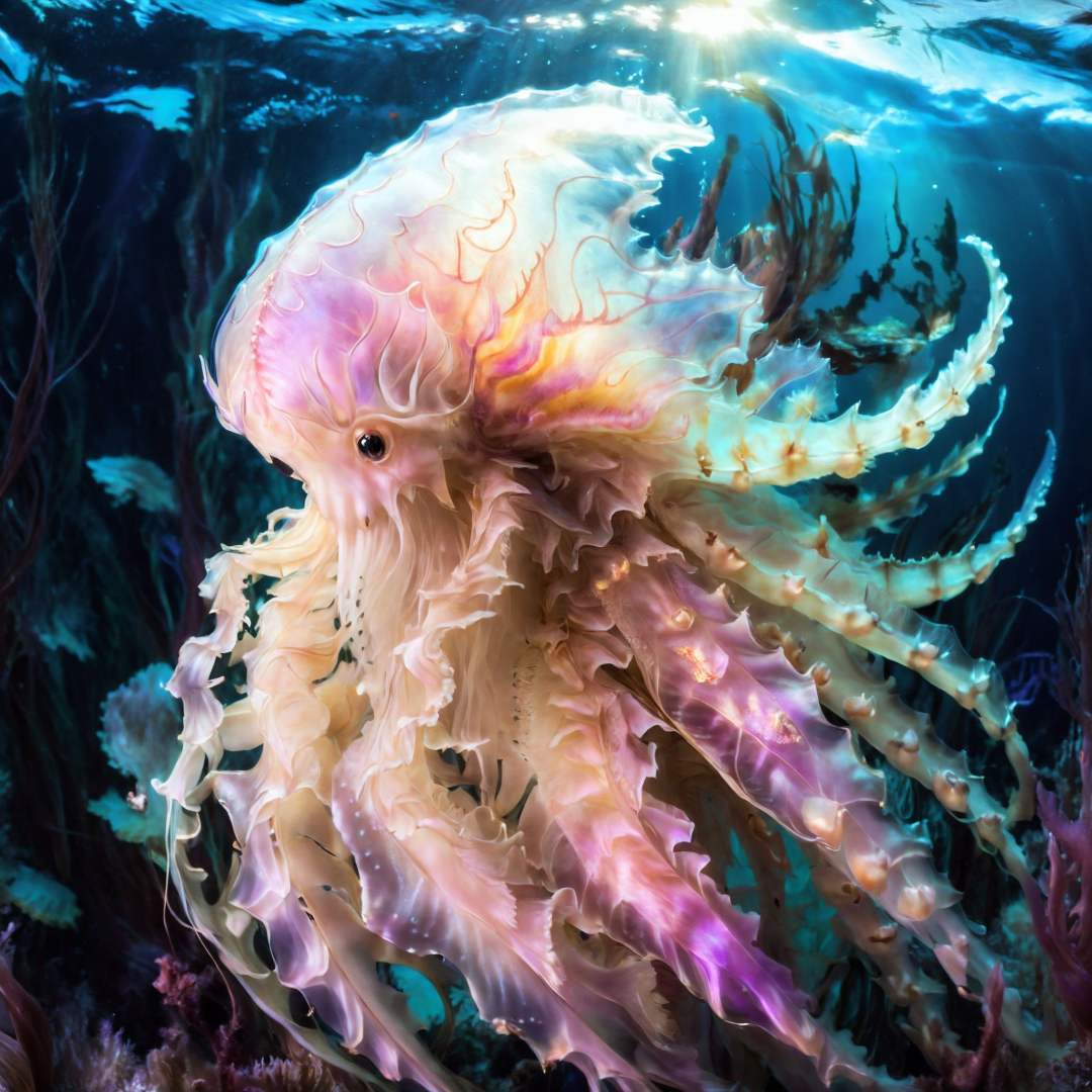 A fantasy creature, Jellyfish + Dragon, underwater dragon, hybrid, 8k, beautiful lighting, up close, digital art, intricate details, negative space, iridescent,<lora:sdxl_lora_rustako:0.7>