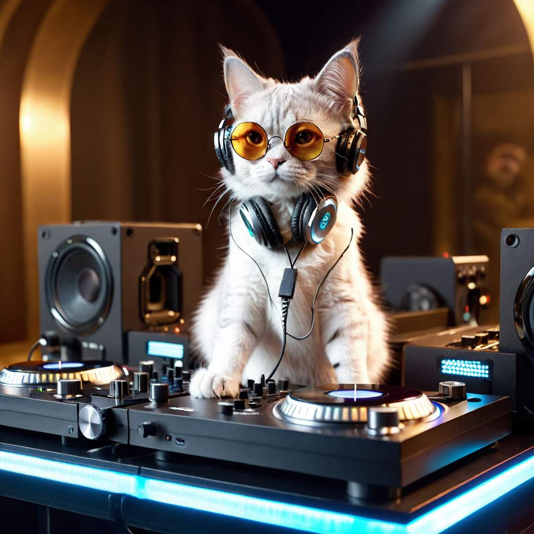 8k uhd rtx on cinematic artistic photoreal masterpiece best quality high resolution, A Cat DJ, wearing sunglasses and headphones, working the turntables as a DJ,<lora:sdxl_lora_rustako:0.25>