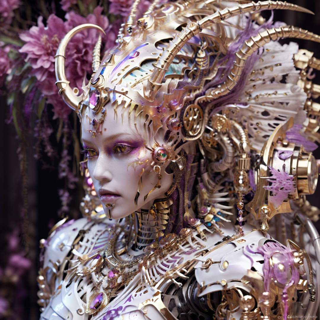 hyperdetailed stunningly beautiful slaanesh djinn robot made of iridescent metals and shiny gems, ornate horns, golden necklace, noble androgynous skeleton inspired by ross tran and wlop and masamune shirow and kuvshinov, photorealistic, concept art, bloody intricate, highly detailed, hd photorealistic, octane render hdr, by artgerm, dnd digital art,<lora:sdxl_lora_rustako:0.75>