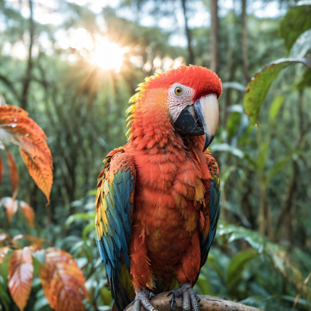 A head on portrait photograph of a majestic and elegant Scarlet macaw in an autumn forest full of foliage and trees at sunset, centered, Scarlet macaw, autumn, forest, foliage, head on, looking into the camera, fujifilm, close up, bokeh, f1.8, <lora:sdxl_lora_rustako:0.7>