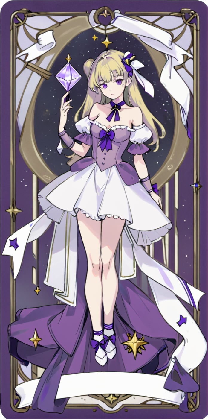 card,tarot,purple theme,best quality,masterpiece,ultra high res,1girl, solo,full body, ribbon, dress, bare shoulde,