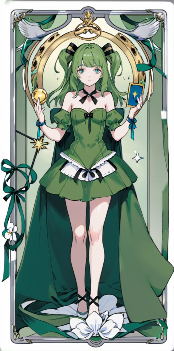 card,tarot,green theme,best quality,masterpiece,ultra high res,1girl, solo,full body, ribbon, dress, bare shoulde,