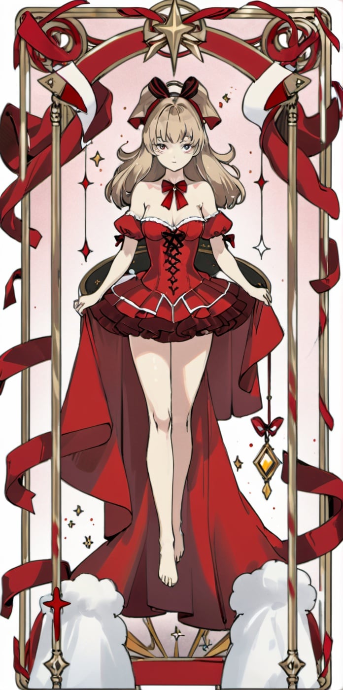 card,tarot,red theme,best quality,masterpiece,ultra high res,1girl, solo,full body, ribbon, dress, bare shoulde,