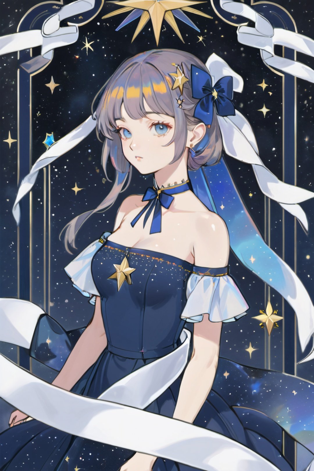 card,tarot,(portrait:1.9),best quality,masterpiece,ultra high res,1girl,focus on face, solo, ribbon, dress,(iridescence:1.3),starry sky, bare shoulde,High resolution, hignity 8k wallpaper,detailed background,beautiful detailed,beautiful detailed face,fluttered detailed splashs,intricate detail,highres,