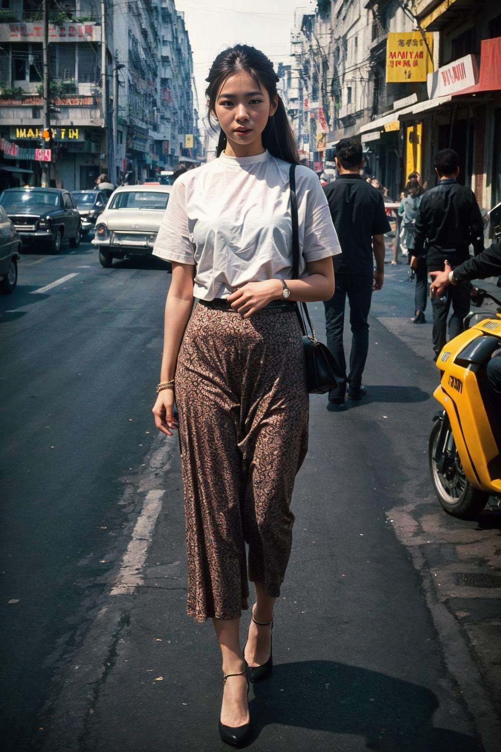 Ultra-realistic 8k CG,masterpiece,best quality,(photorealistic:1.2),HDR,RAW photo,(film grain:1.1),((Depth of field)),(looking at viewer:1.2),street,saigon, 1girl, blouse,  (full body)), <lora:saigon:0.6>,, (masterpiece,best quality:1.5)