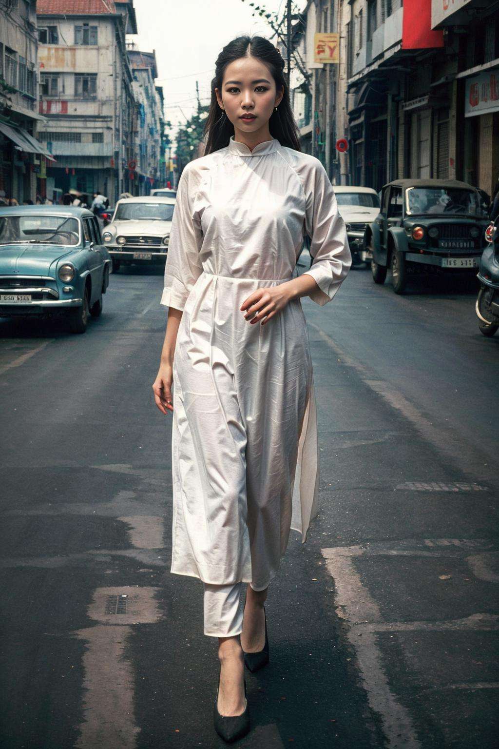 Ultra-realistic 8k CG,masterpiece,best quality,(photorealistic:1.2),HDR,RAW photo, (film grain:1.1), ((Depth of field)),(looking at viewer:1.2), street, saigon, 1girl, pants,  (full body)), aodai, <lora:saigon:0.6>, <lora:aodai:0.7>, (masterpiece,best quality:1.5)