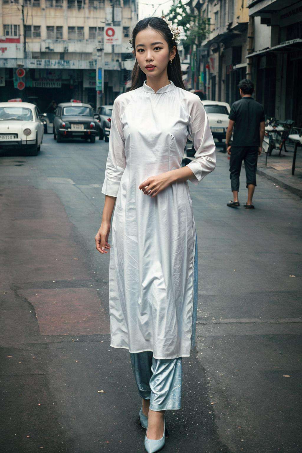 Ultra-realistic 8k CG,masterpiece,best quality,(photorealistic:1.2),HDR,RAW photo, (film grain:1.1), ((Depth of field)),(looking at viewer:1.2), street, saigon, 1girl, pants,  (full body)), aodai, <lora:saigon:0.6>, <lora:aodai:0.7>, (masterpiece,best quality:1.5)