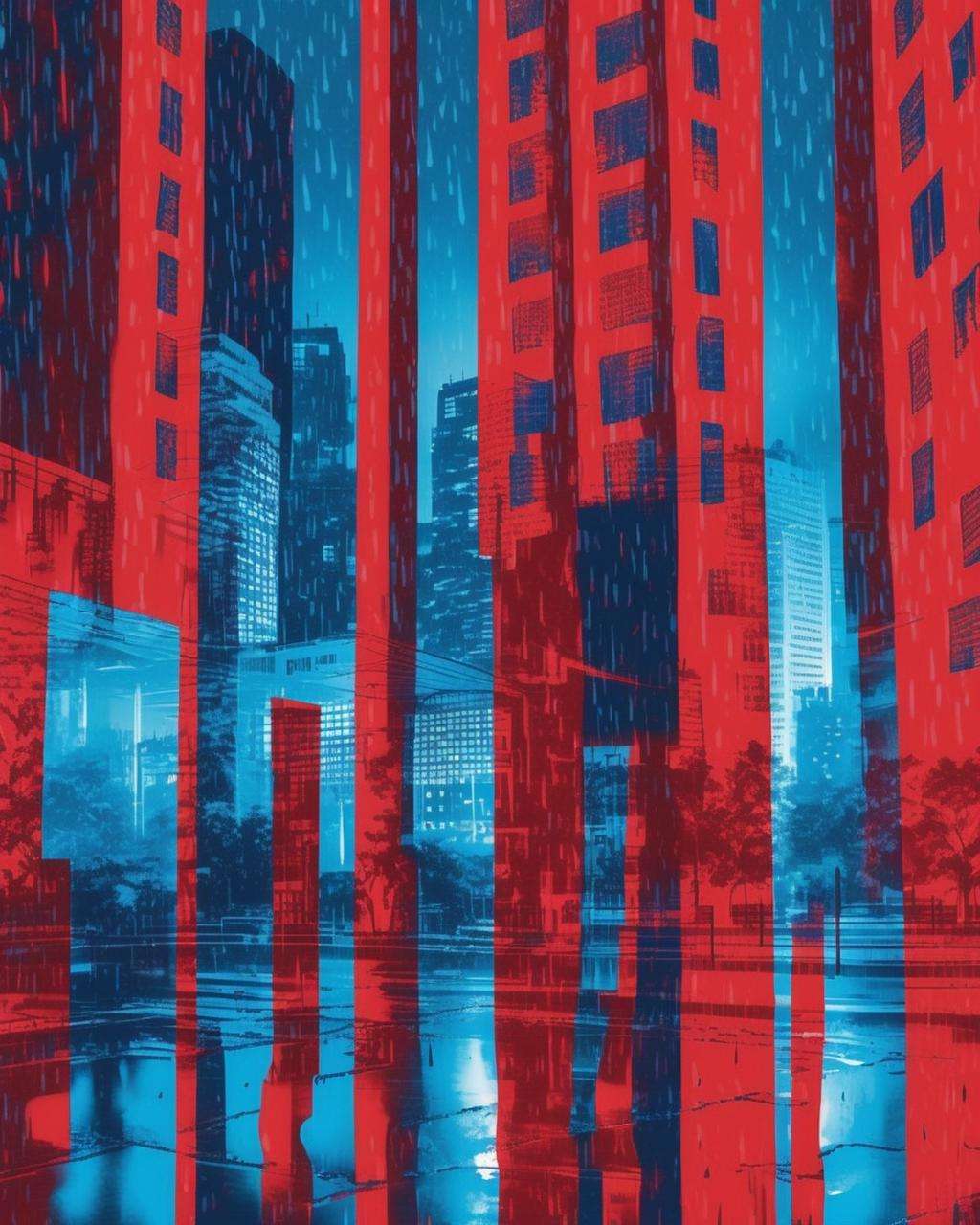 A cityscape transformed by the red and blue overprint effect during a rainy night, the reflective surfaces amplifying the urban ambiance and creating a moody atmosphere:1.5, cityscape:1.2, red and blue overprint effect:1.2, rainy night:1.2, reflective surfaces:1.1, urban ambiance:1.1, moody atmosphere:1.1. , overprint_effect<lora:Overprint_effect_sdxl:1.0>