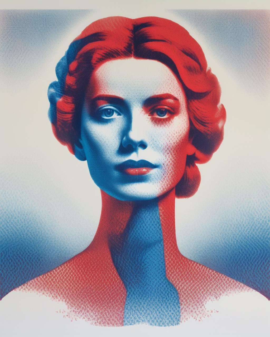 A portrait transformed by the overprint technique, red and blue colors blending seamlessly to create an ethereal and thought-provoking depiction:1.5, portrait:1.2, overprint technique:1.2, red and blue colors:1.2, blending seamlessly:1.1, ethereal:1.0, thought-provoking depiction:1.1. , overprint_effect<lora:Overprint_effect_sdxl:1.0>