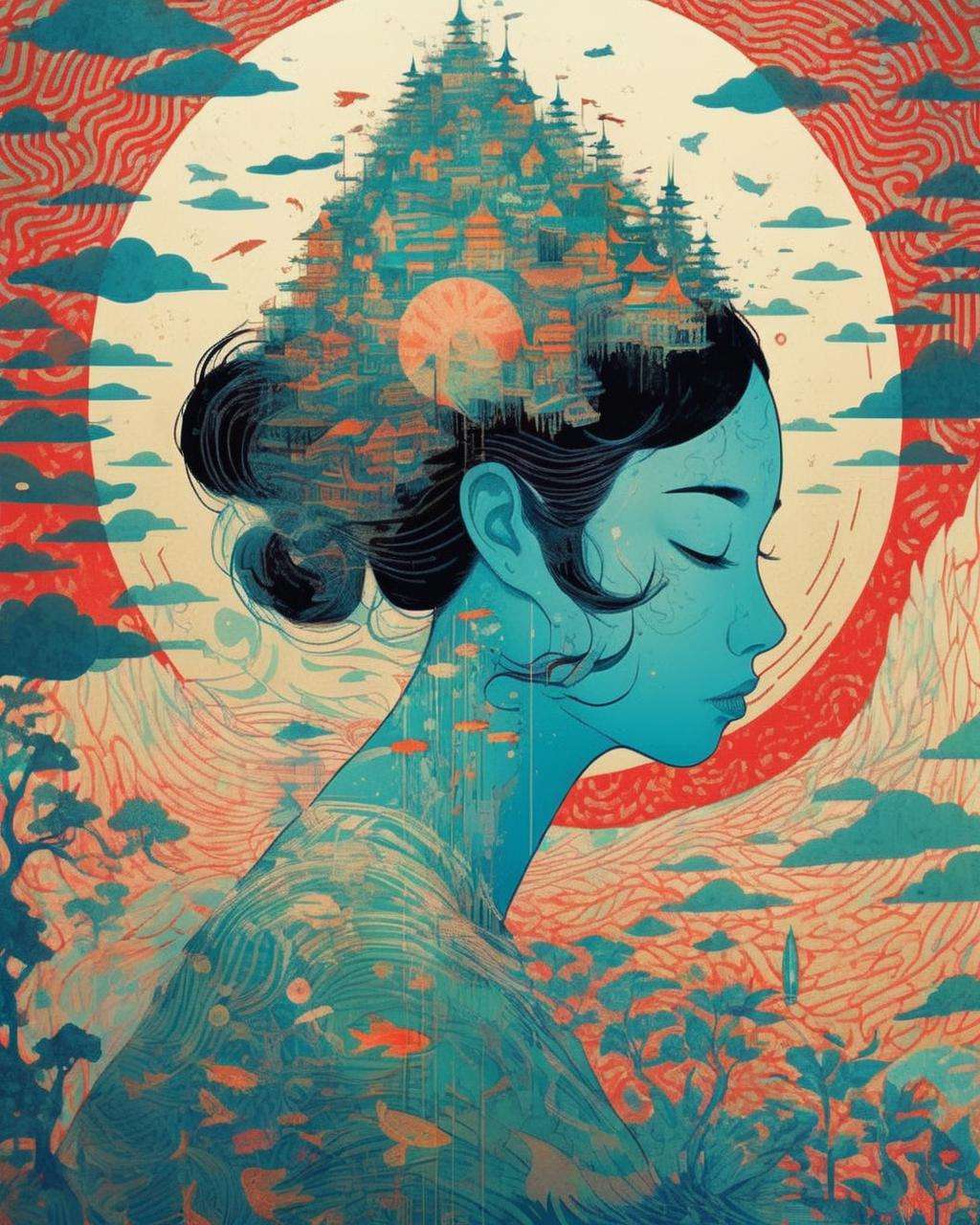 a overprint effect , overprint_effect , overlayed, digital art selected for the , by Victo Ngai, victo ngai and surrealism, victo ngai. unreal engine, victo ngai style, <lora:Overprint_effect_sdxl:1.0>