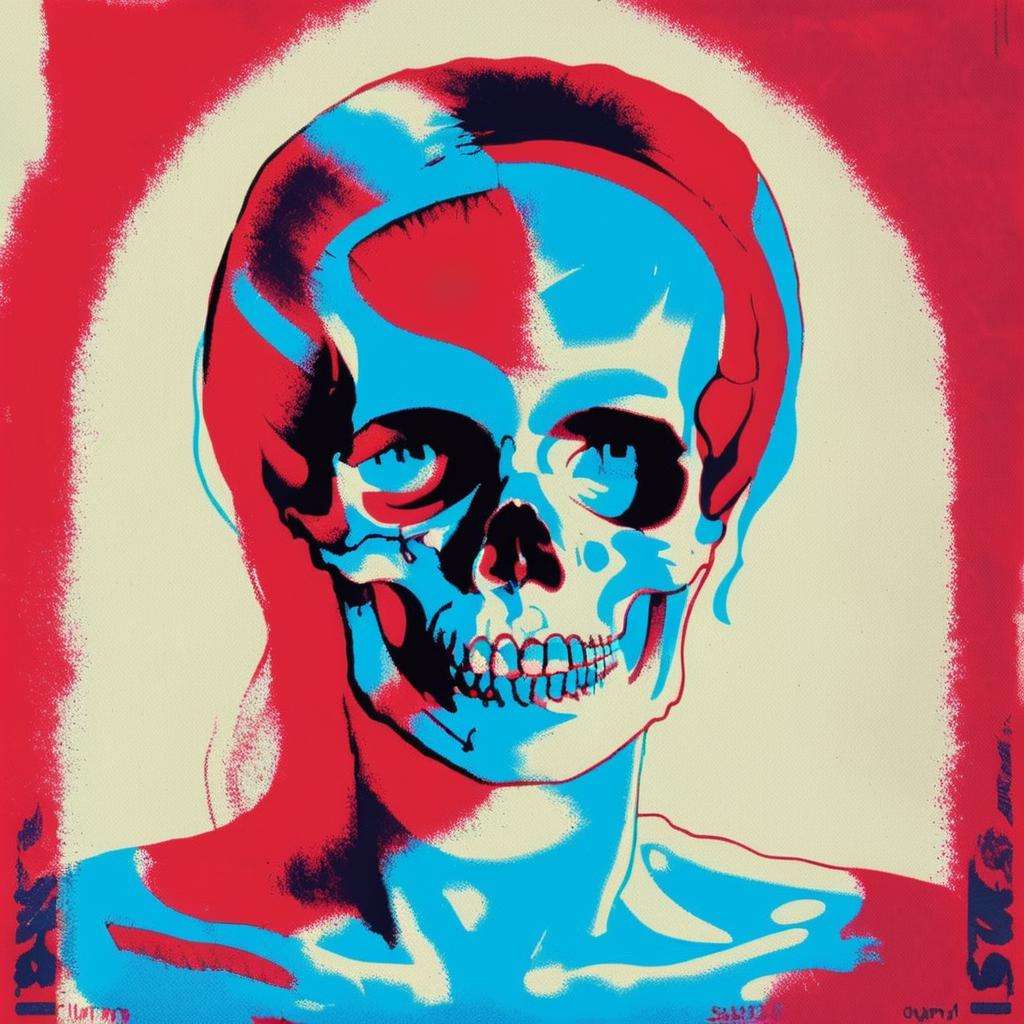 a woman blue, skull red, Overprint_effect<lora:Overprint_effect_sdxl:1.0>