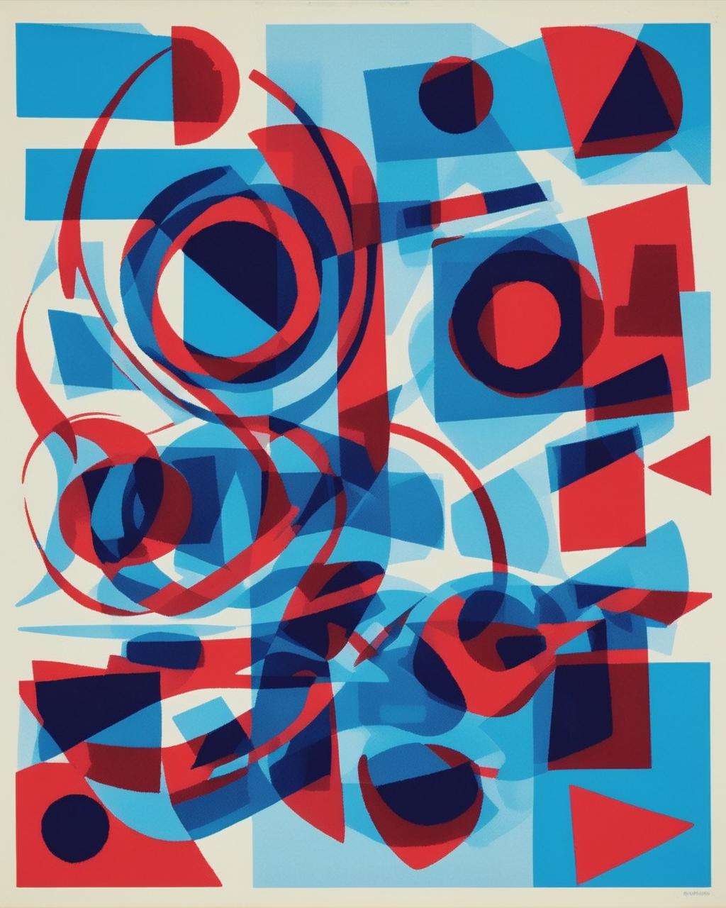 A dynamic overprinted artwork featuring red and blue abstract shapes intertwining and overlapping, evoking a sense of motion and playfulness:1.5, dynamic overprinted artwork:1.2, red and blue abstract shapes:1.2, intertwining:1.1, overlapping:1.1, motion:1.0, playfulness:1.0. , overprint_effect<lora:Overprint_effect_sdxl:1.0>