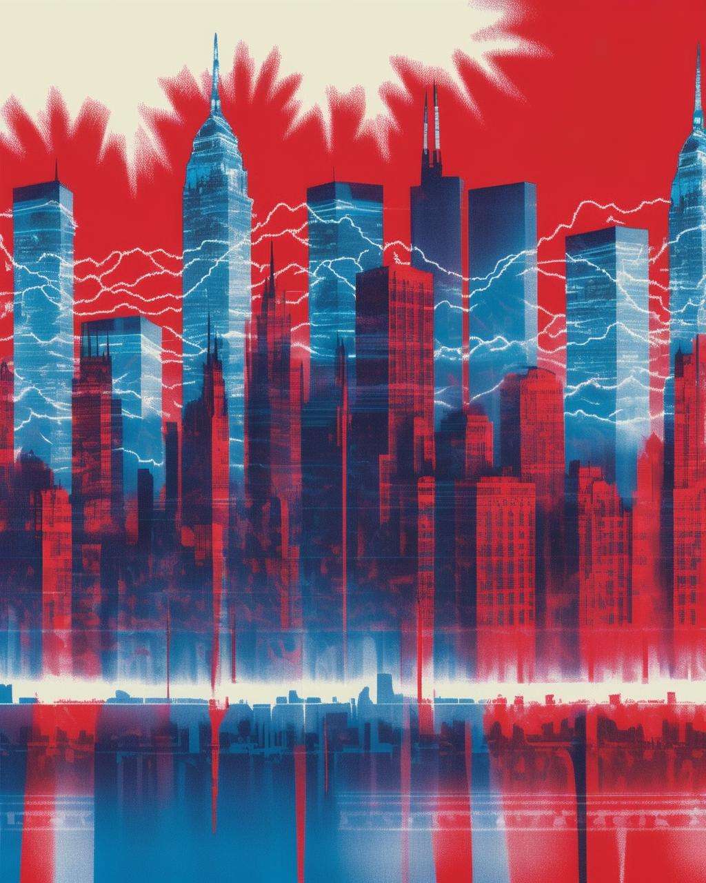 An overprint effect applied to a city skyline, the juxtaposition of red and blue lights imbuing the urban landscape with an electrifying energy:1.5, overprint effect:1.2, city skyline:1.2, red and blue lights:1.2, urban landscape:1.1, electrifying energy:1.1. , overprint_effect<lora:Overprint_effect_sdxl:1.0>