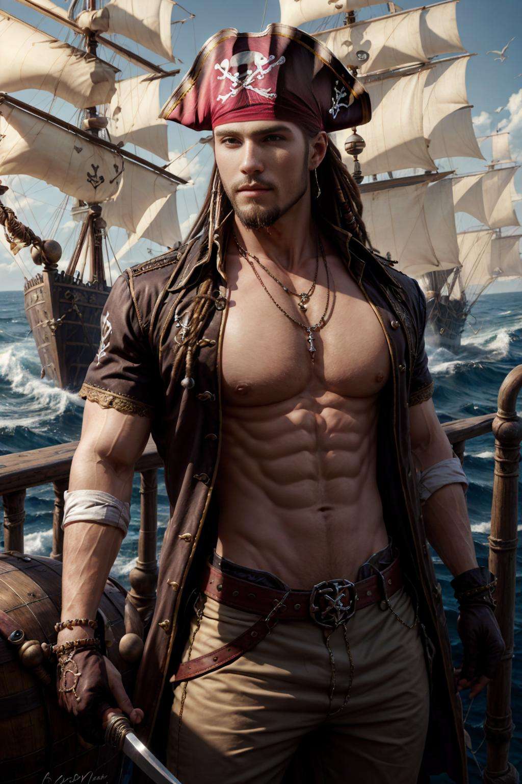 realistic, ((masterpiece)), ((best quality)), (detailed), cinematic, dynamic lighting, soft shadow, detailed background, professional photography, depth of field, intricate, detailed face, subsurface scattering, realistic hair, realistic eyes, muscular, manly, pectorals, abs, photo of a handsome man, sexypirate, dynamic pose, jewelry, belt, necklace, bracelet, earrings, pirate hat, open clothes, tattoo, gloves, holding weapon, sword, ship, barrel, ocean, beard, dreadlocks, 