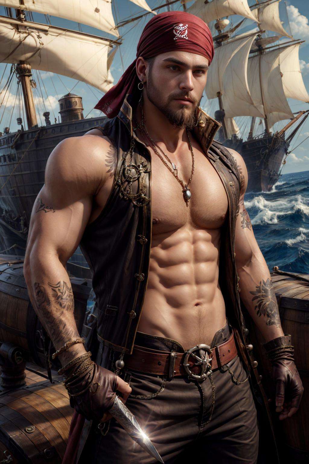 realistic, ((masterpiece)), ((best quality)), (detailed), cinematic, dynamic lighting, soft shadow, detailed background, professional photography, depth of field, intricate, detailed face, subsurface scattering, realistic hair, realistic eyes, muscular, manly, pectorals, abs, photo of a handsome man, sexypirate, dynamic pose, jewelry, belt, necklace, bracelet, earrings, bandana, vest, tattoo, gloves, holding weapon, sword, ship, barrel, ocean, beard, 