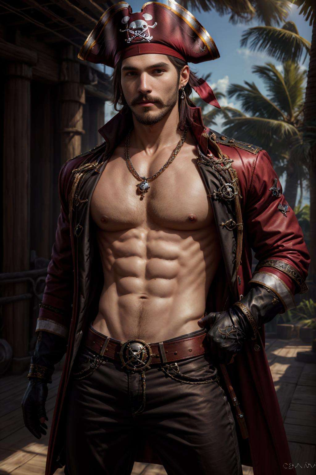 realistic, ((masterpiece)), ((best quality)), (detailed), cinematic, dynamic lighting, soft shadow, detailed background, professional photography, depth of field, intricate, detailed face, subsurface scattering, realistic hair, realistic eyes, muscular, manly, pectorals, abs, photo of a handsome man, sexypirate, dynamic pose, jewelry, belt, necklace, bracelet, earrings, red coat, (black pirate hat), tattoo, gloves, pants, holding weapon, tropical island, mustache, map,