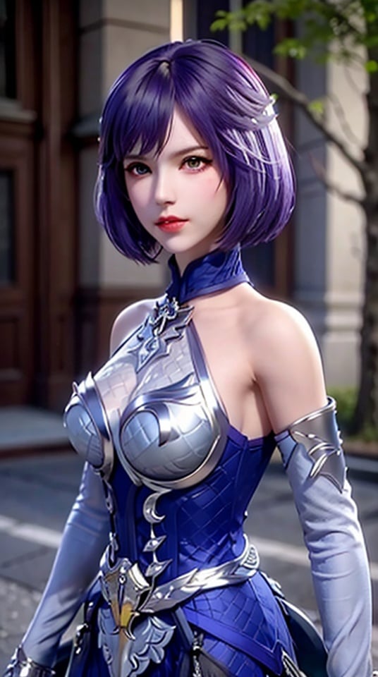 Front view, trees, urban landscape, wind, a girl, purple hair, headdress, broken, (white custom set: 1.4), medium breasts, cleavage, city streets, solo, walking towards the camera, facing the audience, best quality, realistic, ultra clear