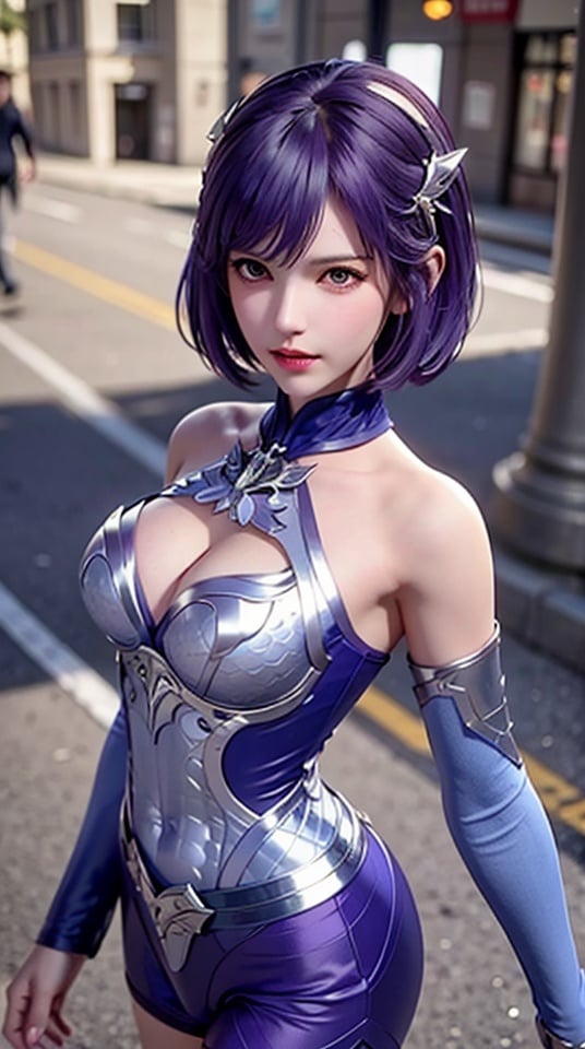 Front view, trees, urban landscape, wind, a girl, purple hair, headdress, broken, (white custom suit: 1.6), medium breasts, cleavage, city streets, solo, walking towards the camera, facing the audience, best quality, realistic, ultra clear