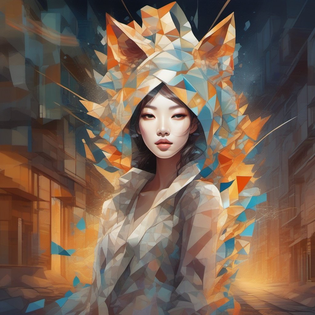 ((perfect Korean girl)) cubist artwork Shaped splash flow flaming fox out control in Night streets, mythical guardian of the alleys made with bones and rocks, . geometric shapes, abstract, innovative, revolutionary, Broken Glass effect, no background, stunning, something that even doesn't exist, mythical being, energy, molecular, textures, iridescent and luminescent scales, breathtaking beauty, pure perfection, divine presence, unforgettable, impressive, breathtaking beauty, Volumetric light, auras, rays, vivid colors reflects