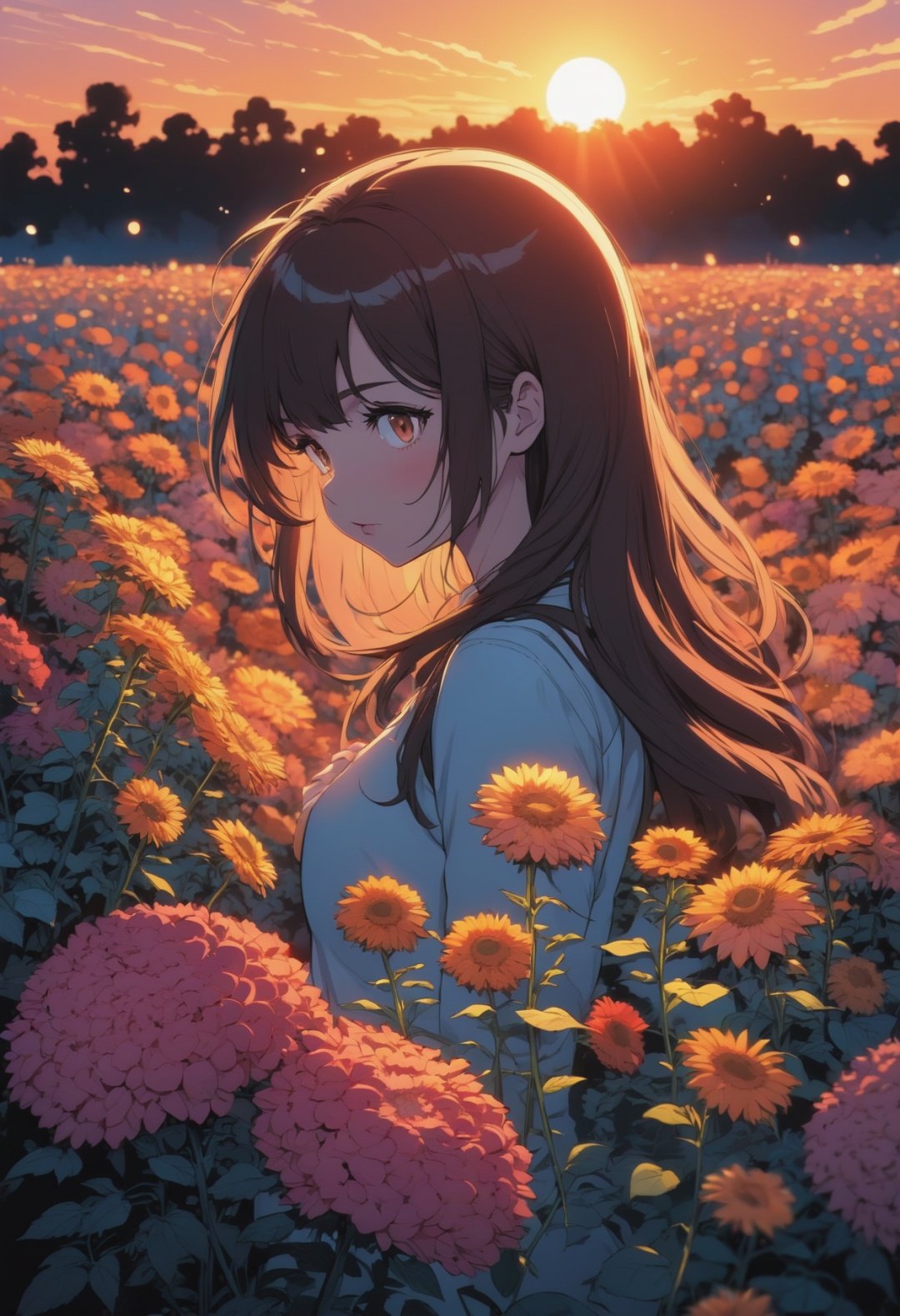 comic masterpiece,1girl, dense flowers, at Sunset, Bokeh, Horror, split lighting, Zoom lens , vibrant, highly detailed, moe