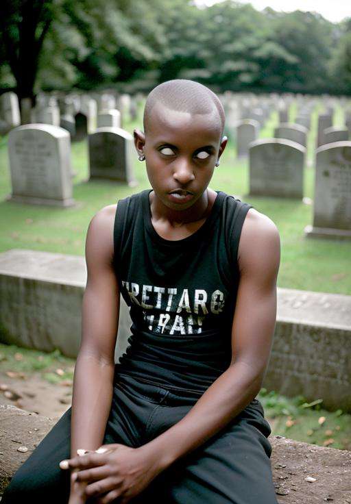 professional photograph of a teenage punk boy, African, plain black tshirt, mohawk haircut, shaved sides of head, piercings, crumbling cemetery, old trees, white eyes, <lora:whiteeyes_11-04:1.3> whiteeyes