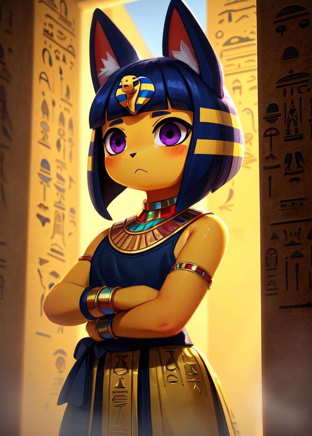 uploaded on e621, ((by Hyilpi, by Supplesee, by Dagasi, Animal Crossing)),solo ((chibi ankha \(animal crossing\))) with ((yellow body)) and (navy blue short hair) and (purple hypnotic eyes),(wear egyptian white dress, egyptian mythology, flat chested,:<, crossed arms:1.2), ((detailed fluffy fur)),(three-quarter portrait, looking at viewer, three-quarter view:1.35),BREAK(egyptian room, yellow wall, egyptian symbol:1.25), (starry, fog, mist)(detailed background, depth of field, half body shadow, sunlight, ambient light on the body),(digital painting \(artwork\), photoshop \(medium\), painttool sai \(medium\):1.3)(masterpiece, best quality, ultra realistic, 4k, 2k, (high detail:1.3),(3d \(artwork\):1.2), blender \(software\), (soft focus:1.1), ray tracing, (unreal engine:1.3), absurd res)
