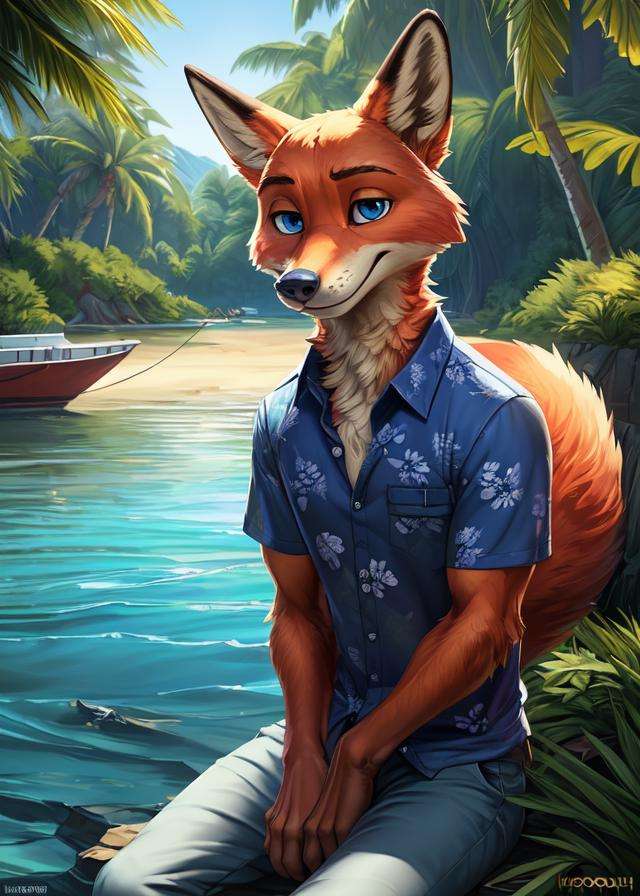 uploaded on e621, ((by Homogenousrule, by Wildering, by Foxovh, by Catcouch)),solo ((nick wilde)) with ((neck tuft)) and (fluffy tail) and ((clear navy blue eyes)),((half-length portrait)), ((wear blue hawaii floral shirt with grey pants)),BREAK((sitting at island with plant and water on sunny day, white boat)),(detailed background, depth of field, half body shadow, sunlight, ambient light on the body),(intricate:0.7), (high detail:1.2), (unreal engine:1.3), (sharp focus:1.15),[explicit content, questionable content], (masterpiece, best quality, 4k, 2k, shaded, absurd res)