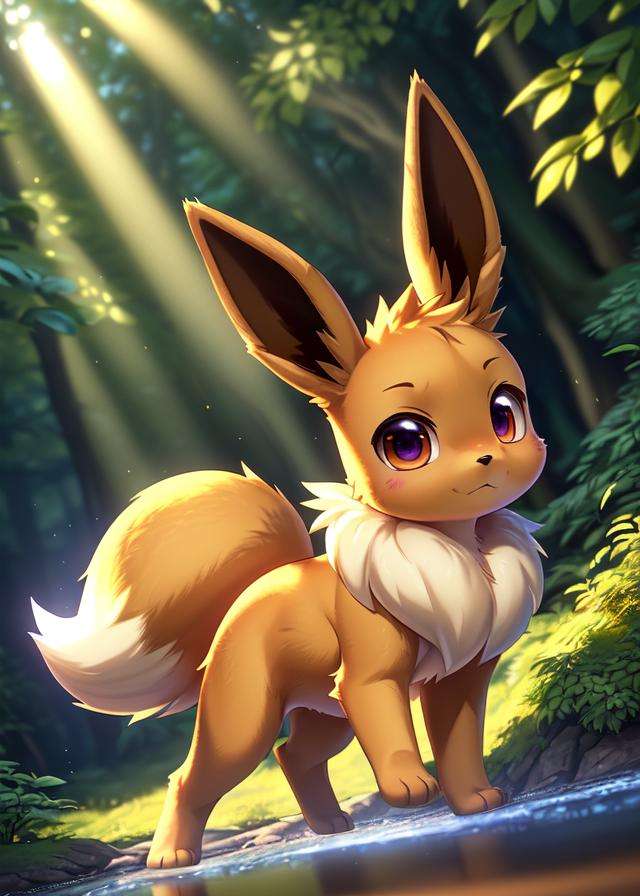 uploaded on e621, ((by Makoto Shinkai, by Jessie Willcox Smith, by Castitas))solo ((chibi quadruped feral eevee)), (three-quarter portrait),((detailed fluffy fur)), (sunny day forest, sunlight, plant, water, leaf),BREAK,((action pose at darkforest with glowing plant)), ((purple and yellow lighting)),(masterpiece, best quality, ultra realistic, 4k, 2k, (high detail:1.35), film photography,(3d \(artwork\):1.1), blender \(software\), sharp focus, ray tracing, (unreal engine:1.2),RAW photo, photorealistic, analog style, subsurface scattering, photorealism, absurd res)