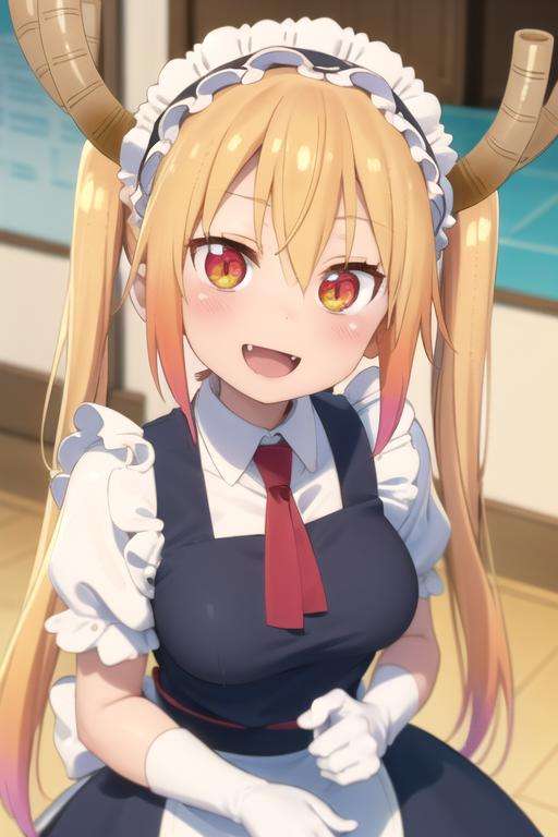 (((pixel-perfect, detail-perfect, photo-perfect))), solo, 1girl, <lora:tohru-maidragon:0.8>, tohru, maid, maid headdress, gloves, looking at viewer, smile, :d, open mouth, fang