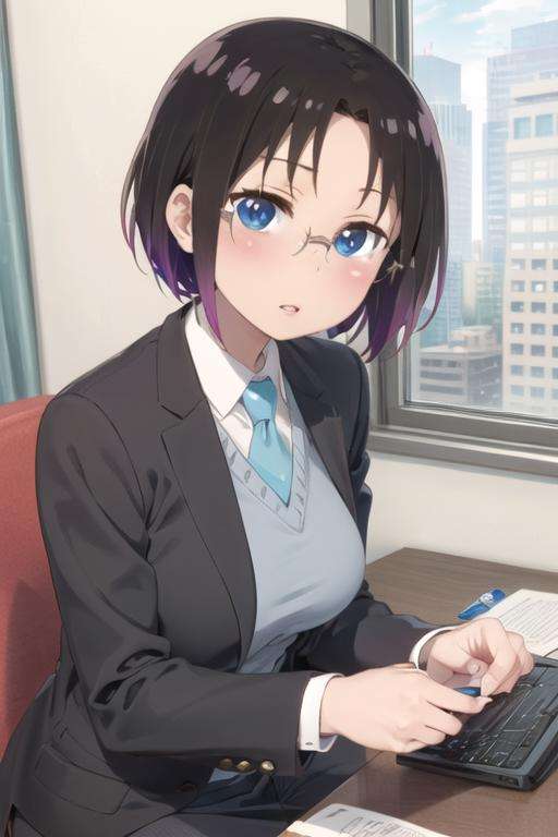 (((pixel-perfect, detail-perfect, photo-perfect))), solo, 1girl, <lora:elma-maidragon:0.8>, elma joui, suit, formal, office lady, open jacket, glasses, looking at viewer, parted lips