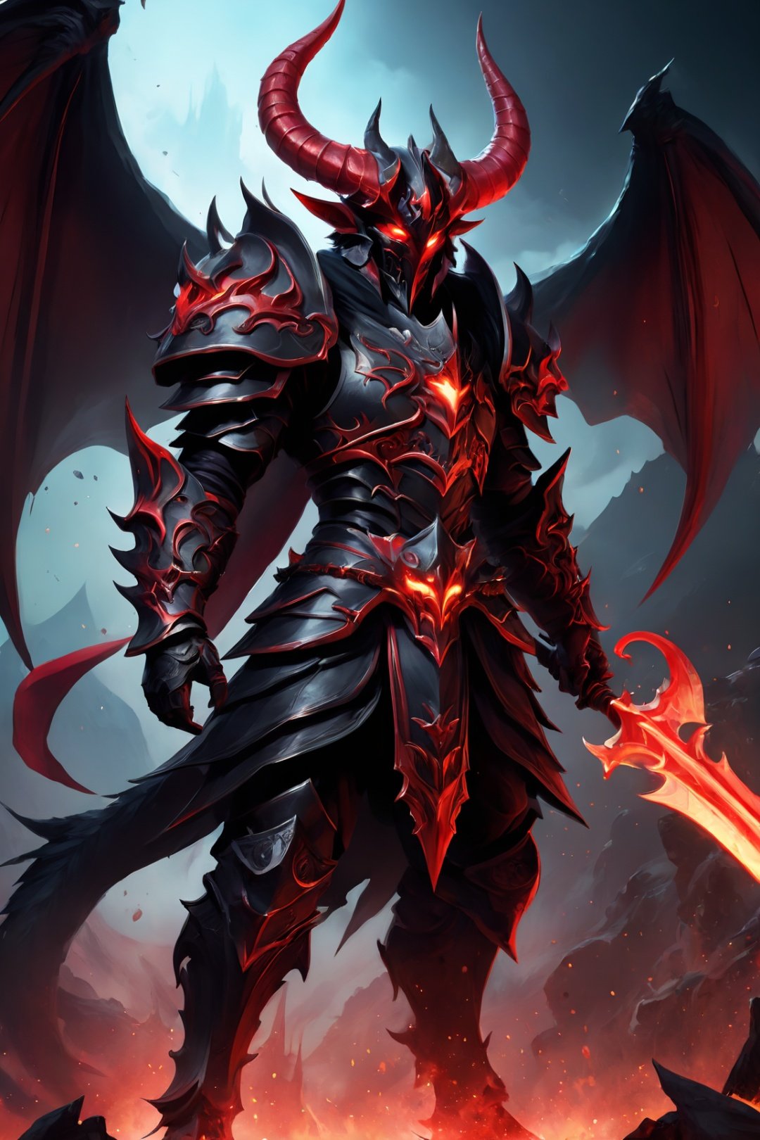 (masterpiece, top quality, best quality, official art, beautiful and aesthetic), 1boy, male, fully armored, masked, blood magic, draconic armor, red and black color scheme, glowing eyes, red demonic horns, demon god, demon king, red eyes, epic, demonic halo, (dynamic angle), abyssal, splash art, highest definition, dark background, gradient background