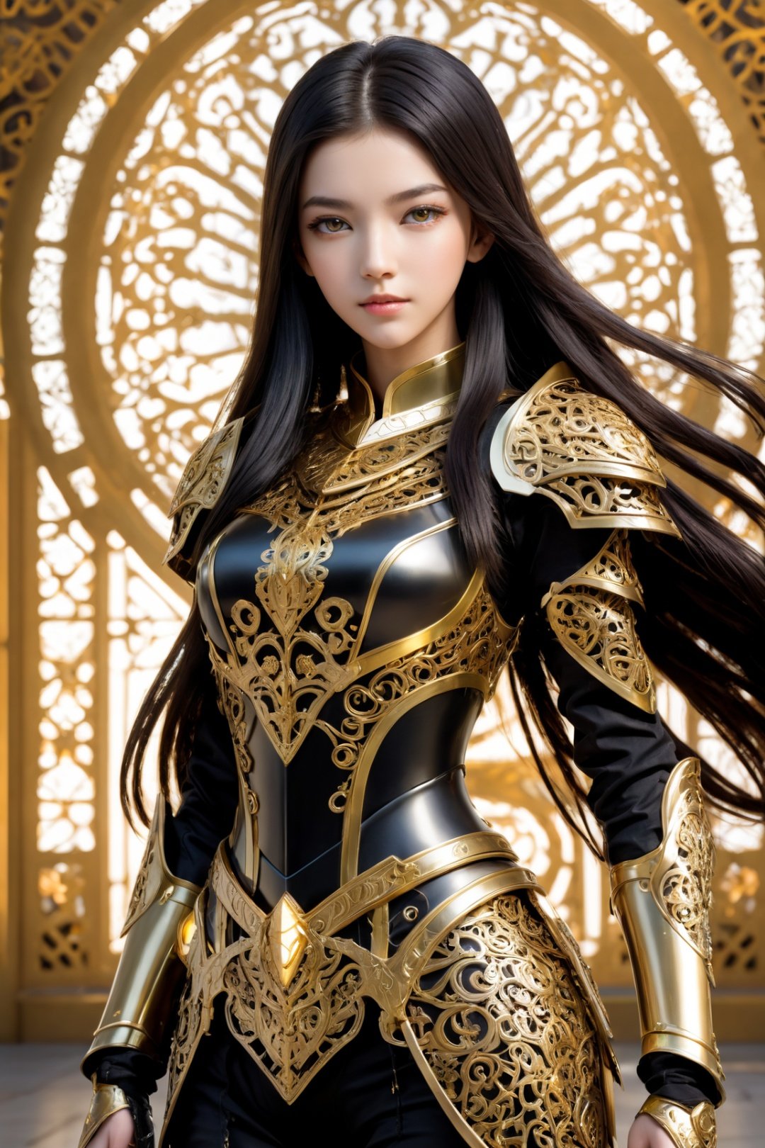 front_view, (1girl, looking at viewer), black long hair, mechanical_armor, intricate armor, delicate golden filigree, intricate filigree, black metalic parts, detailed part, dynamic pose, abstrac background, dynamic lighting