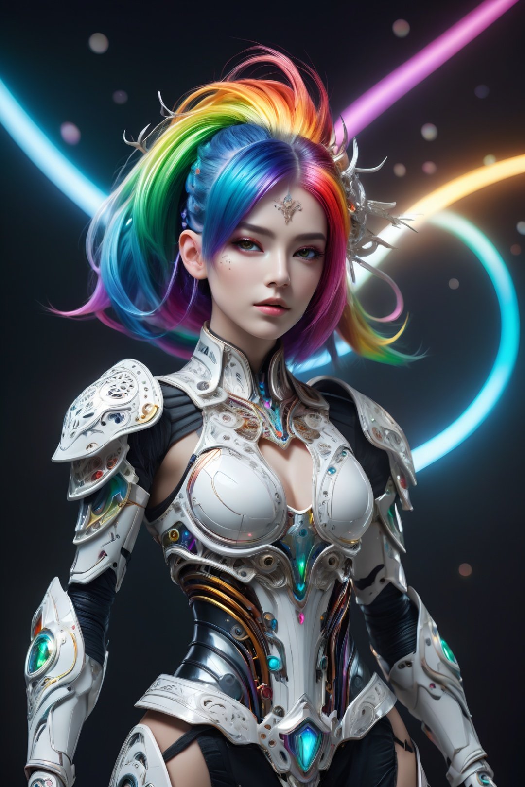 surreal photography of a stunning beautiful cyborg female, rainbow hair, huge breast, (beauty and detailed armor), embraced, delicate white filigree, intricate filigree, glowing, navel, highly detailed, intricate detailed, face symmetry, masterpiece, award-winning, sharp focus, concept art, low key, 8k, uhd, low key, octane render
