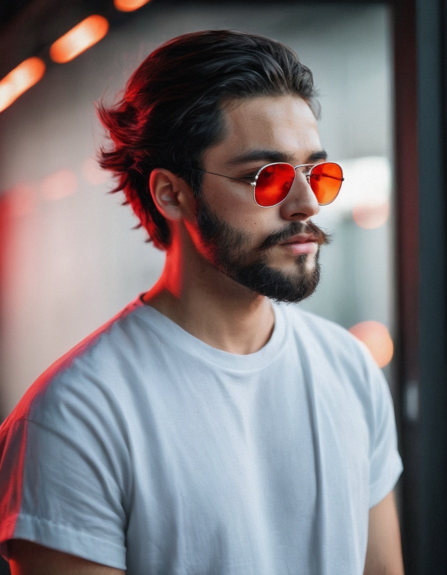  coocolor, 1boy, facial hair, male focus, beard, solo, sunglasses, shirt, black hair, traditional media, portrait, mustache, red skin, ,
