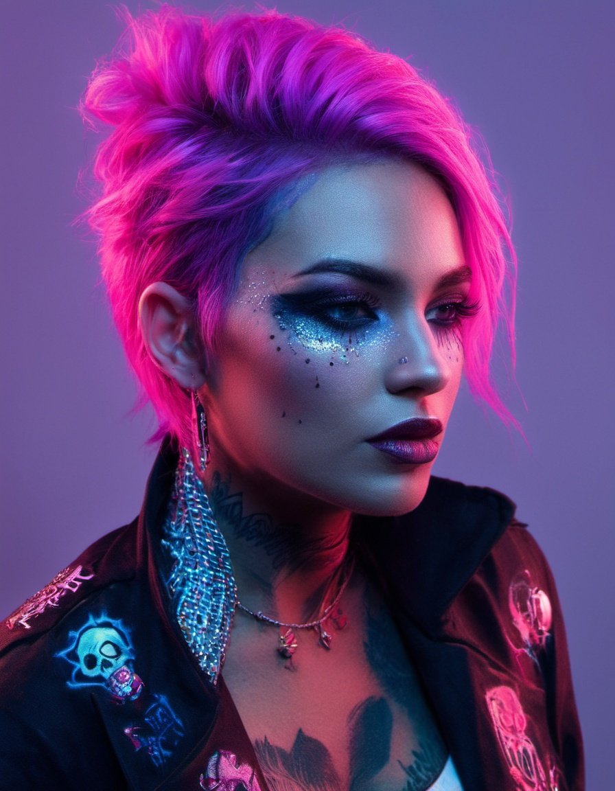 ,coocolor,1girl, cyber fashion, punk fashion, makeup, facepaint, pink eyeshadow, tattoo, jacket, upper body,((masterpiece)), ((best quality)), 8k, high detailed, ultra-detailed,,
