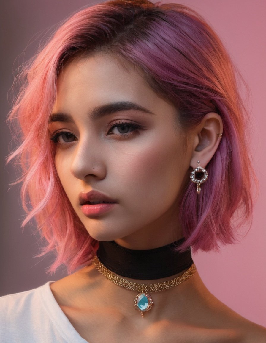 (coocolor:1.3), 1girl, solo, jewelry, earrings, profile, lips, parted lips, piercing, from side, realistic, portrait, upper body, simple background, nose, bare shoulders, choker, pink hair, ,, 

