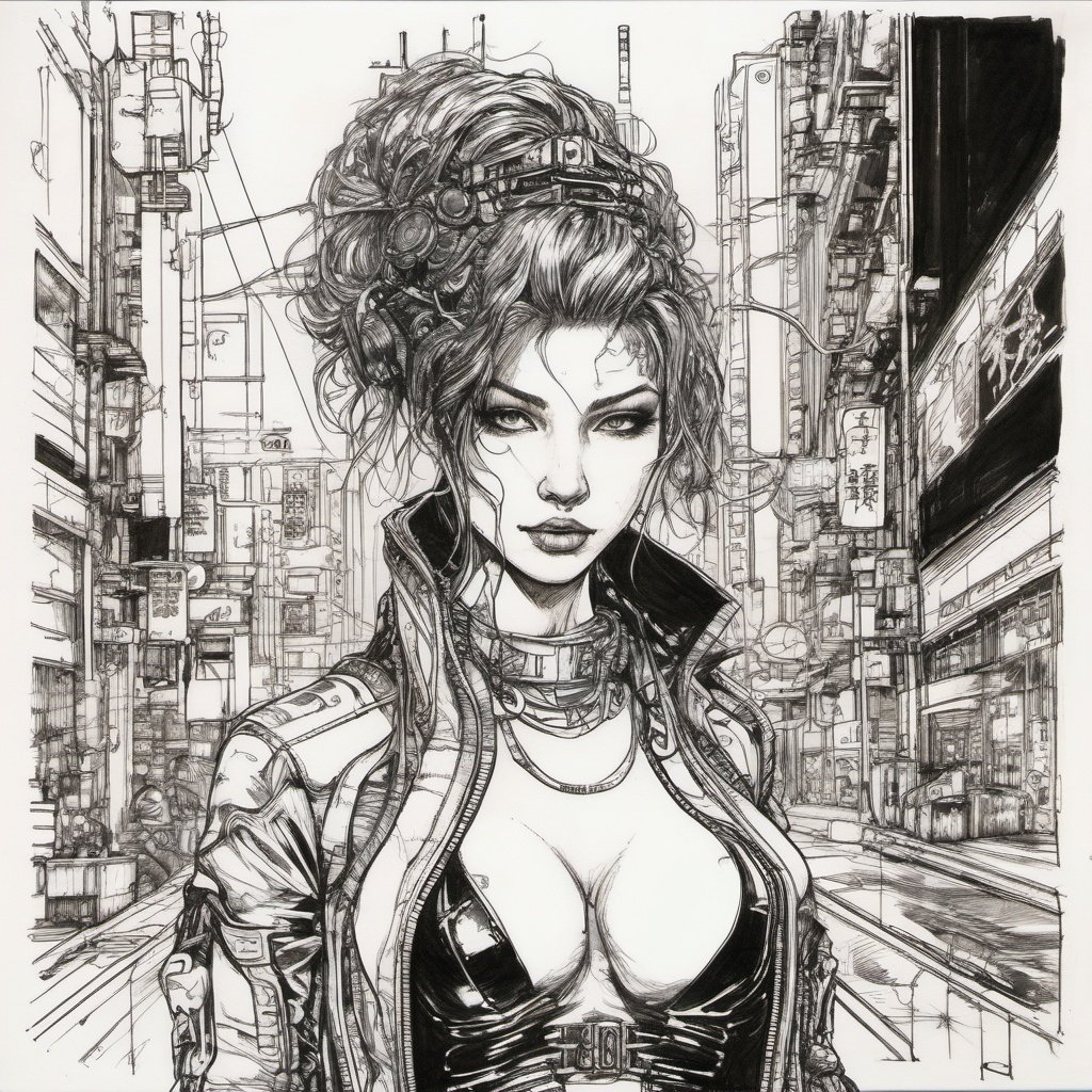 body drawing of a cyberpunk girl at midnight  streets of tokyo  in style of  ,  pen, ink, pencil, sketch, breathtaking  . award-winning, professional, highly detailed, pencil sketch
