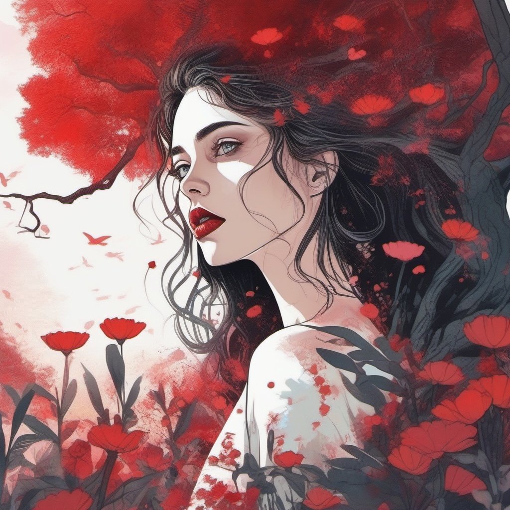 Girl, overgrown in a tree, nature, flowers, 4k, 8k, flower face, sunshine, sunbeams, sea of flowers, glowing eyes, blood red lips, beautiful Unreal Engine, splash screen, watercolor, 8k resolution, digital art, HW*, sticker, 2d cute, fantasy, dreamy, vector illustration, 2d flat, centered, by Tim Burton, professional, sleek, modern, minimalist, graphic, line art, vector graphics