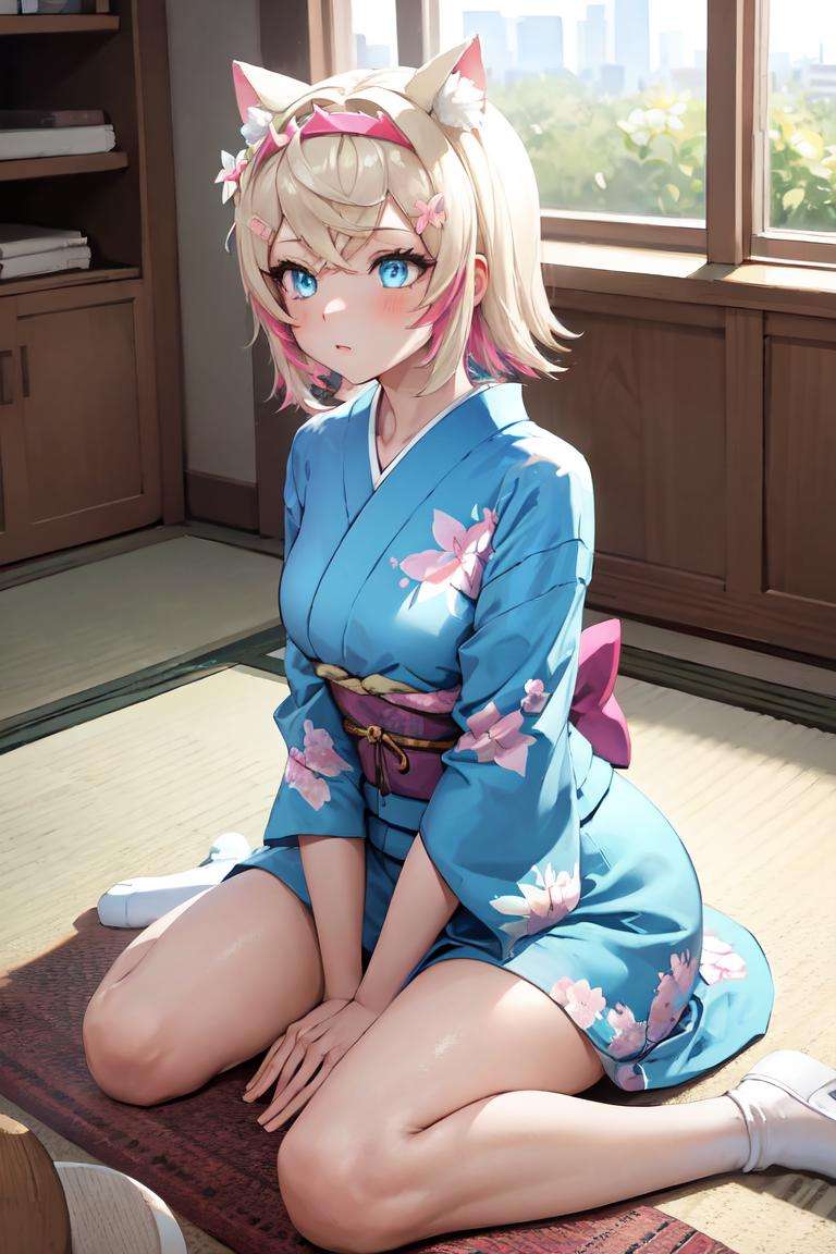 masterpiece, best quality, absurdres, perfect anatomy, 1girl, solo, MococoAbyssgard, hairclip, hairband, indoors, kimono, hair flower, floral print, wariza, sitting, hands on own knees, <lora:MococoAbyssgard:1>
