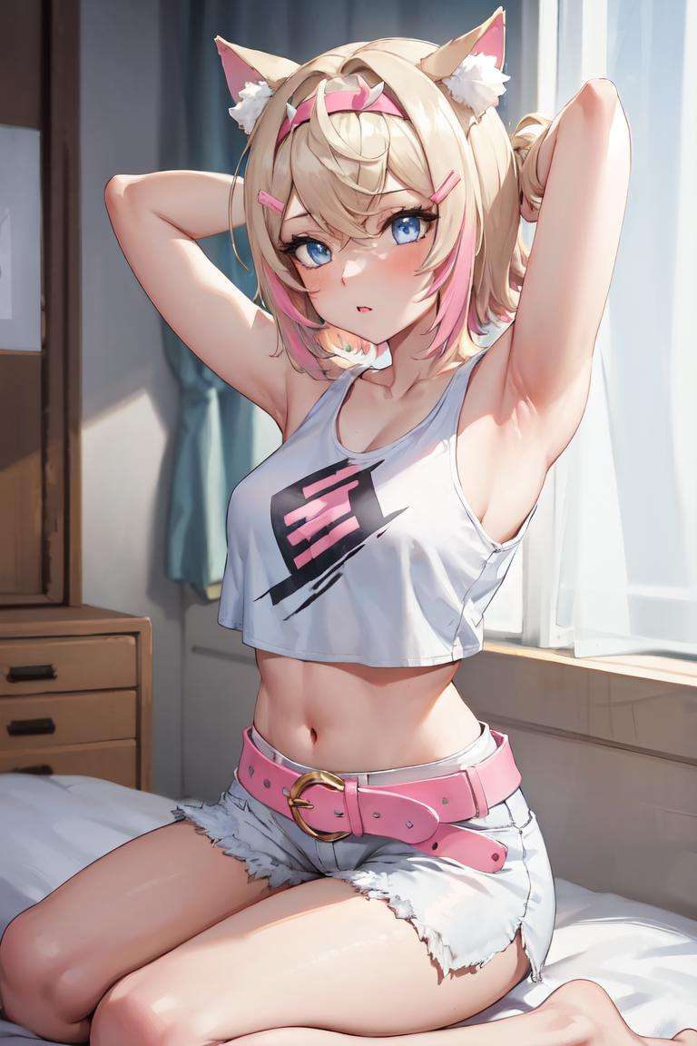 masterpiece, best quality, absurdres, perfect anatomy, 1girl, solo, MococoAbyssgard, hairclip, hairband, dog ears, white crop top, tank top, white shorts, pink belt, seiza, on bed, arms behind head, <lora:MococoAbyssgard:0.8>