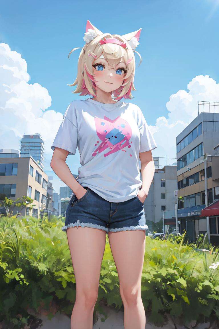 masterpiece, best quality, absurdres, perfect anatomy, 1girl, solo, MococoAbyssgard, hairclip, hairband, dog ears, graphic tee, denim shorts, standing, outdoors, city, hands in pockets, :3, smile, <lora:MococoAbyssgard:1>