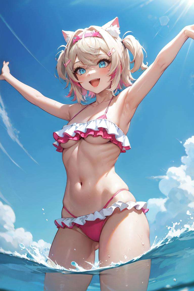 masterpiece, best quality, absurdres, perfect anatomy, 1girl, solo, MococoAbyssgard, hairclip, hairband, water, (partially submerged), smile, :d, spread arms, frilled bikini, cute, cute bikini, standing, <lora:MococoAbyssgard:1.0>