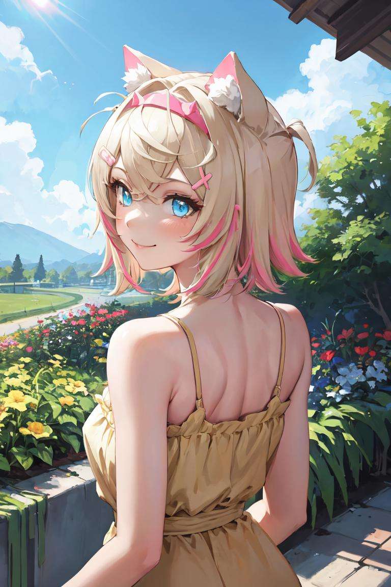 masterpiece, best quality, absurdres, perfect anatomy, 1girl, solo, MococoAbyssgard, hairclip, hairband, from behind, (yellow sundress), garden, day, sunshine, smile, looking back, <lora:MococoAbyssgard:1>