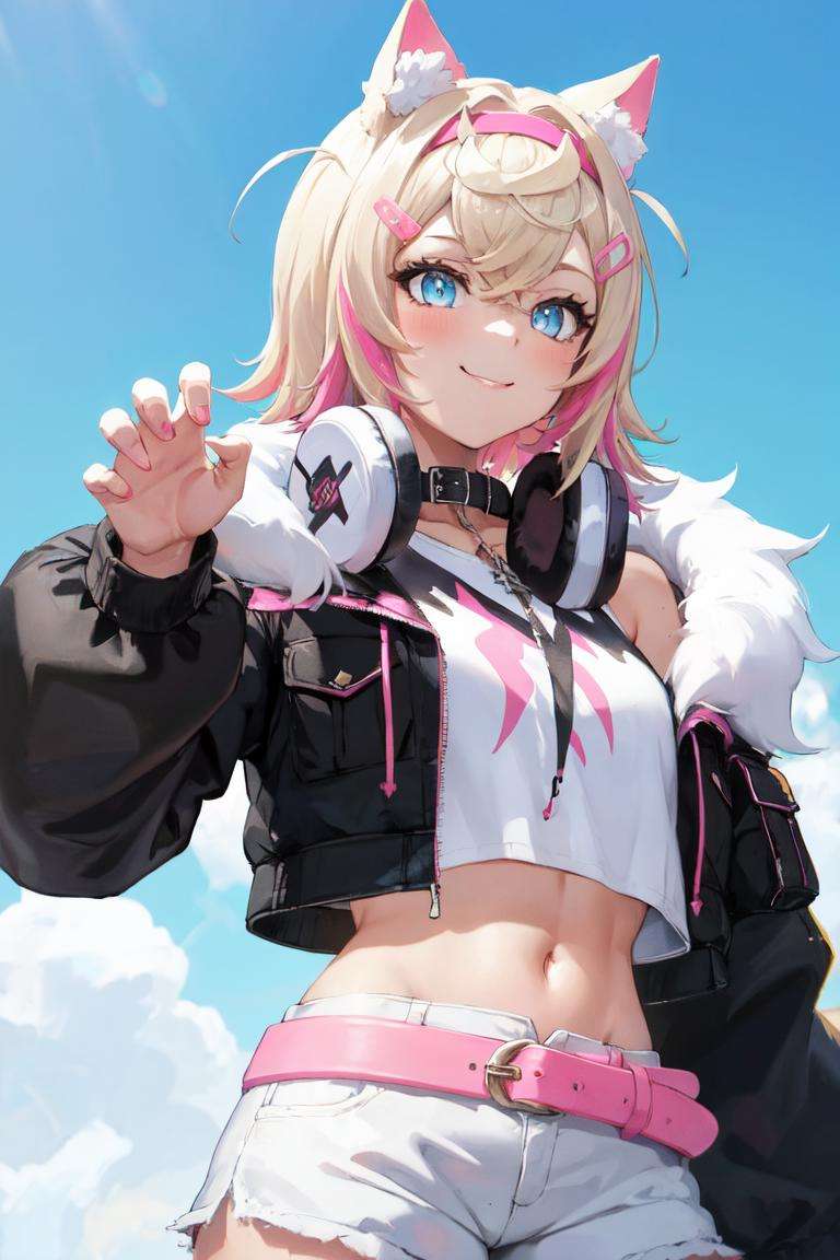 masterpiece, best quality, absurdres, perfect anatomy, 1girl, solo, MococoAbyssgard, hairclip, hairband, black jacket, fur-trim, hoodie, crop top, headphones around neck, pink belt, white shorts, midriff, smile, paw pose, <lora:MococoAbyssgard:0.9>