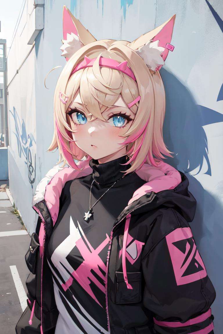 masterpiece, best quality, absurdres, perfect anatomy, 1girl, solo, MococoAbyssgard, hairclip, hairband, dog ears, earrings, sharp eyes, choker, neon shirt, open jacket, turtleneck sweater, night, against wall, brick wall, graffiti, dim lighting, alley, looking at viewer, <lora:MococoAbyssgard:0.8>