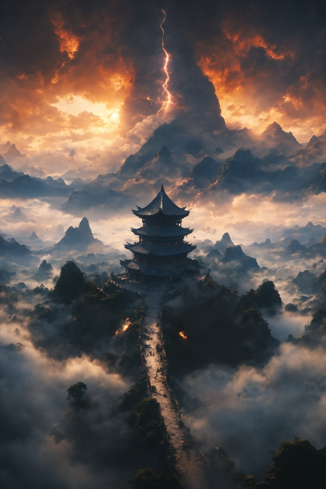 Ancient China, many flying swords through black holes, surrounded by mist, vast panoramas, illusory light and shadow, wide Angle lens, captured at dusk, cinematic texture, Unreal Engine 4, 8K Ultra HD, clear and bright image quality, amazing fantasy immortal scenes, ink painting style, highly refined, dynamic expression, clear lines, cinematic texture, cold atmosphere, vividness, Render high octane, extremely fine