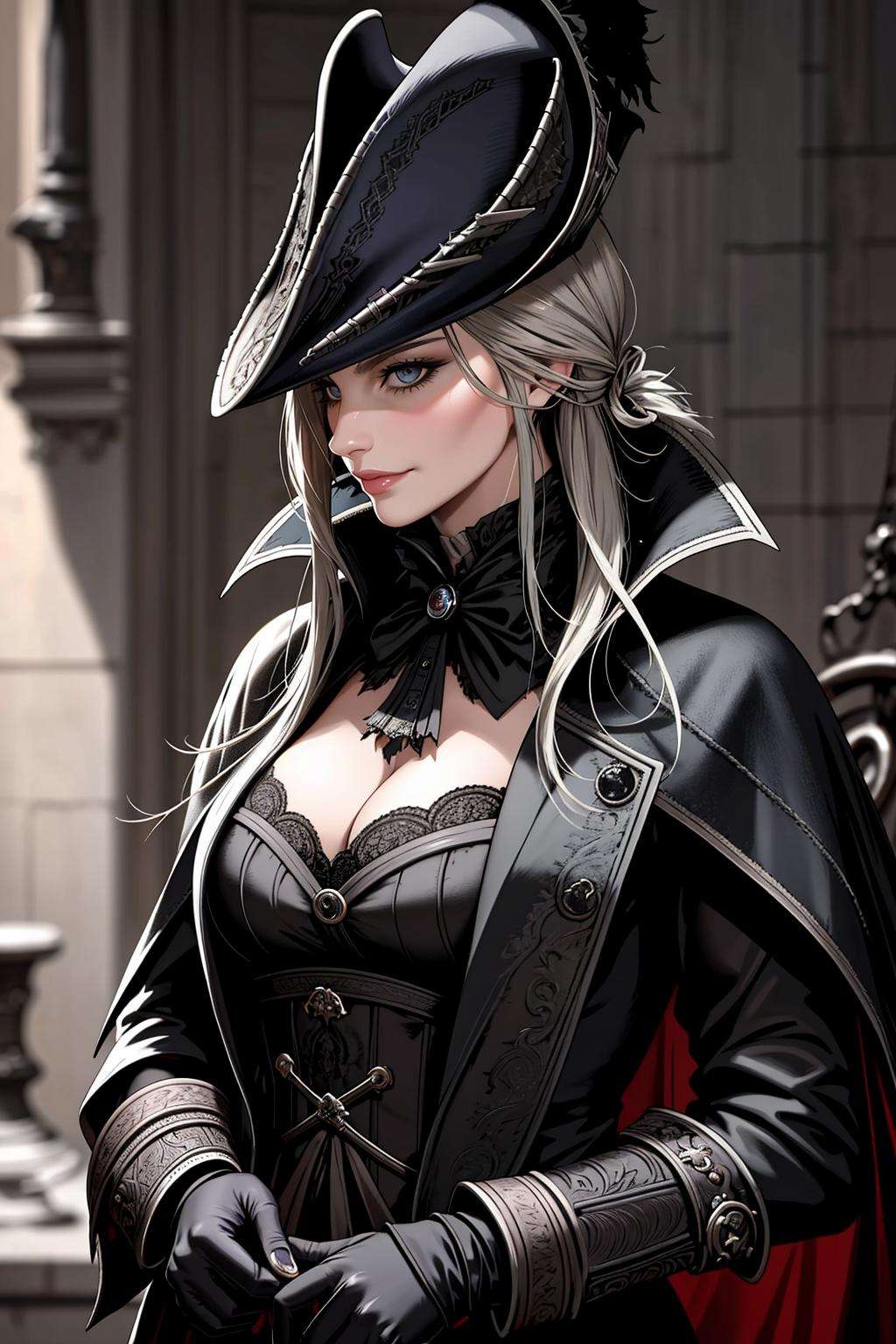 ((Masterpiece, best quality)),edgQuality,smirk,smug,posing for a pictureedgBB, tricorne, hunter (bloodborne) ,woman wearing edgBB_outfit <lora:edgBloodborne:0.7> 