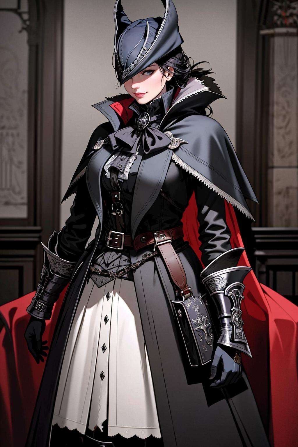 ((Masterpiece, best quality)),edgQuality,smirk,smug,posing for a pictureedgBB, solo, gloves, 1girl,  black gloves, belt, coat, torn clothes,  capelet, gauntlets,arms at sides, vambraces, black capelet, tricorn, hunter (bloodborne) ,woman wearing edgBB_outfit<lora:edgBloodborne:0.8>