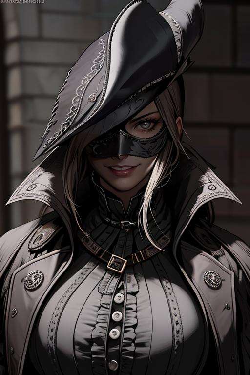 ((Masterpiece, best quality)),edgQuality,smirk,smug,posing for a pictureedgBB, black mask, tricorne, hunter (bloodborne) ,woman wearing edgBB_outfit <lora:edgBloodborne:0.7> 