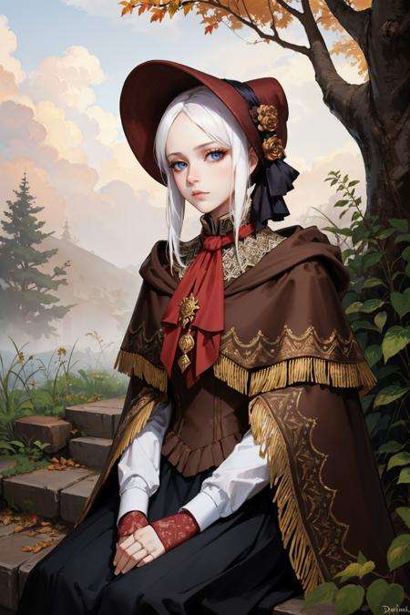 masterpiece, best quality, plaindoll, white hair, doll joints, bonnet, brown cloak, long dress, red ascot, autumn, forest, dusk, dead trees, looking at viewer, sitting, stairs, emotionless, muted color, desaturated <lora:plaindoll-nvwls-v1-000010:0.9>